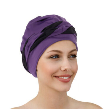 bonnet de bain tissu noir bandeau tressé noir et prune