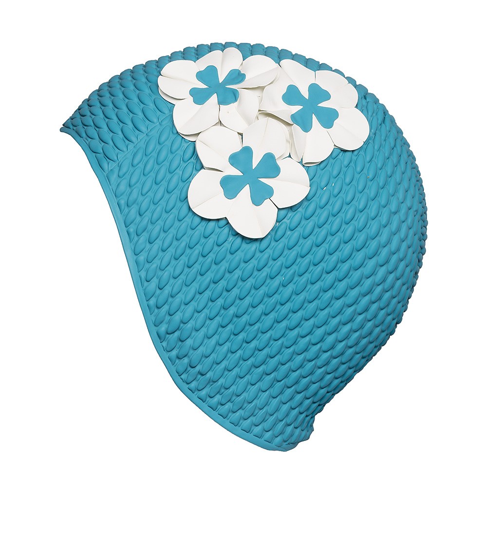 Bonnet de bain Gaufré Turquoise avec fleurs blanches - Bonnet de Bain  Fleurs - Wimex Europe Boutique