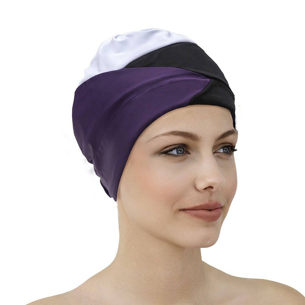 Bonnet de bain Tissu Bleu Blanc Prune avec scratch