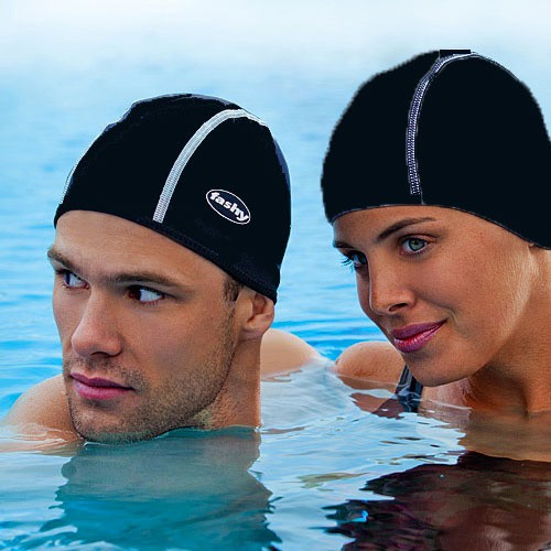 Bonnet de bain piscine natation en tissu extensible noir pour