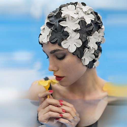 Bonnet de Bain Fleurs Noir et Blanc