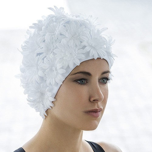 Bonnet de Bain Blanc Tissu Marguerites